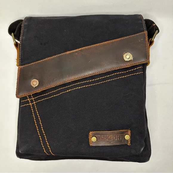 Auger Canvas Leather Crossbody Messenger Bag Black Unisex - Picture 3 of 13